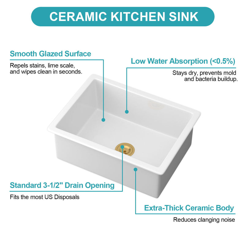 Rectangular Deep Single Bowl Kitchen Sink, Undermount Top Mount Porcela Stainless Steel Grid - White