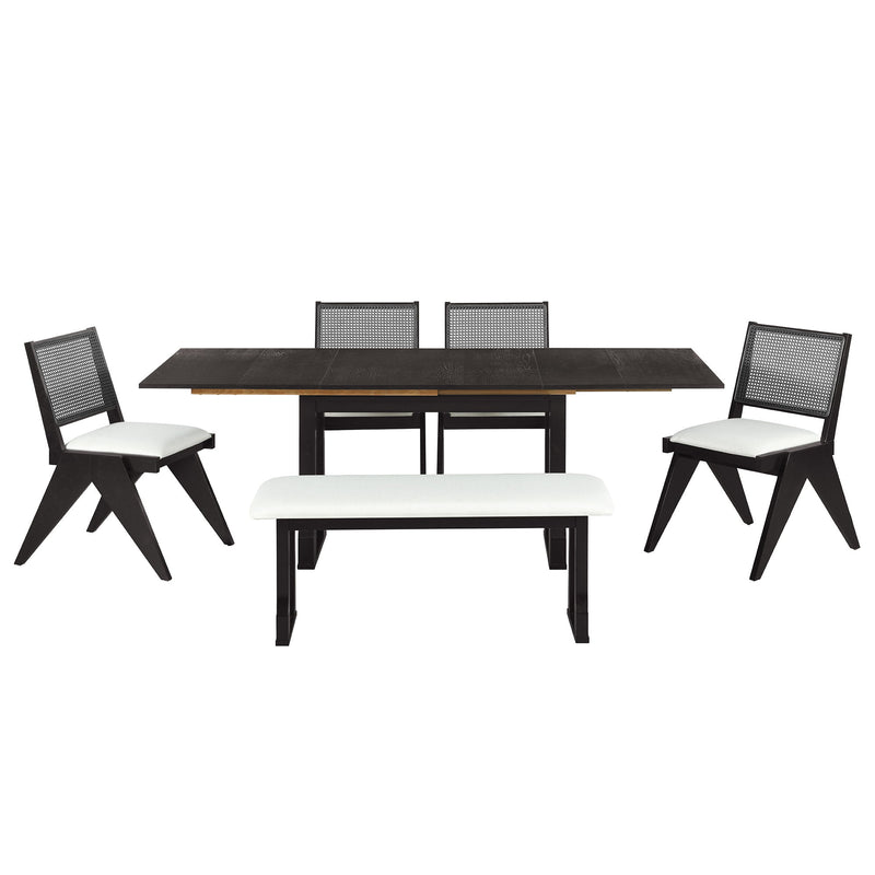 6 Piece Extendable Dining Table Set With 4 Wicker Back Upholstered Dining Chairs And Long Bench, 2 Removable Leaf