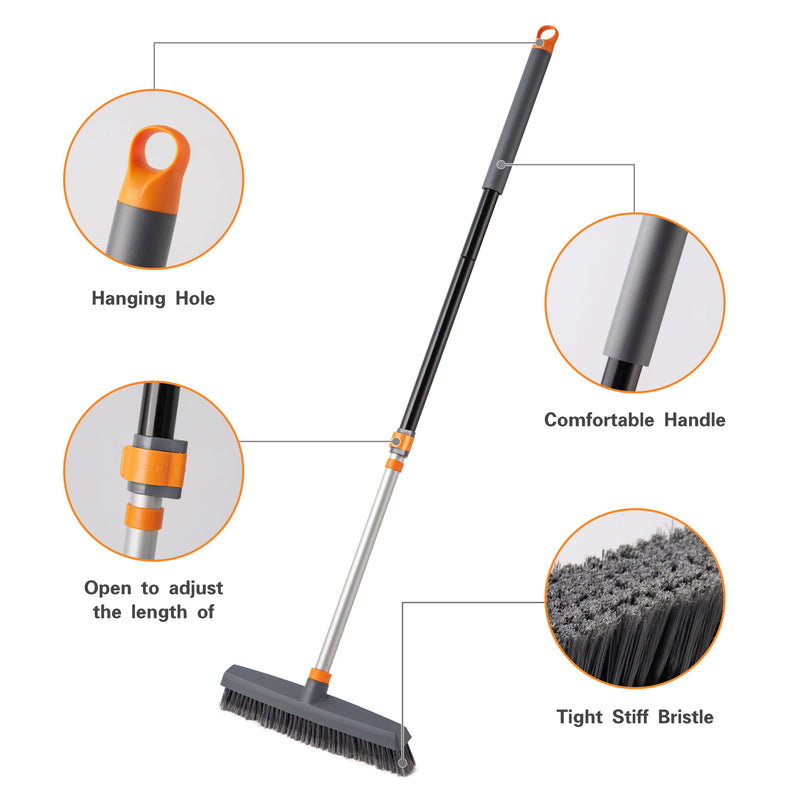 Adjustable Floor Brush With Squeegee Powerful Cleaner For Concrete, Tile, Bathrooms, Kitchens, Garages, And Pools - Black