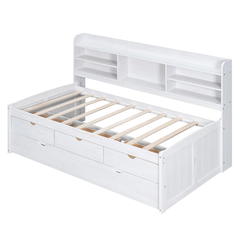 Captain Bed With Built In Bookshelves, 3 Storage Drawers, And Trundle