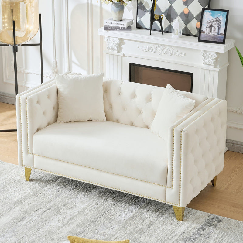 2 Seater Deep Seat Sofa, Sofa With Button Nailhead, Square Arm Couches, Furniture For Living Room - Beige