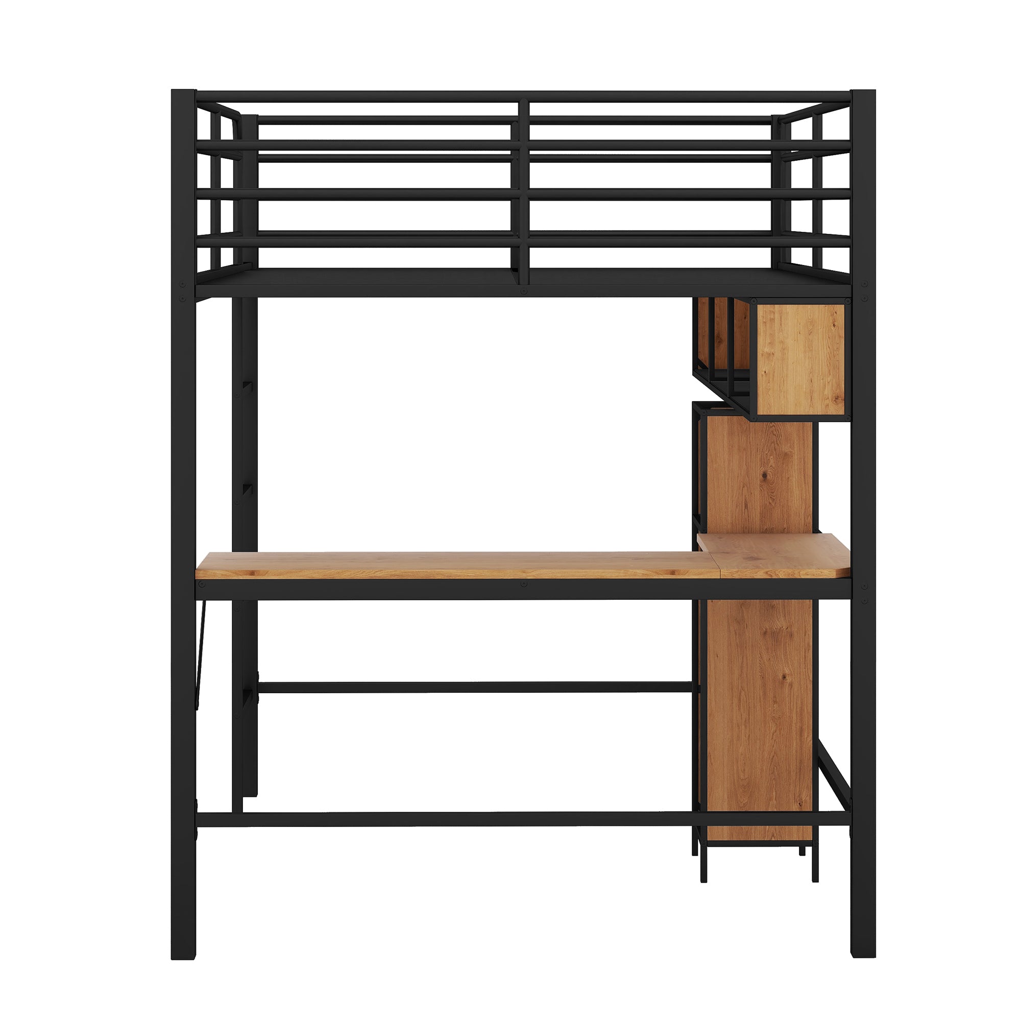 Full Size Metal & Wood Loft Bed with L -shaped desk and shelves, Black and Brown