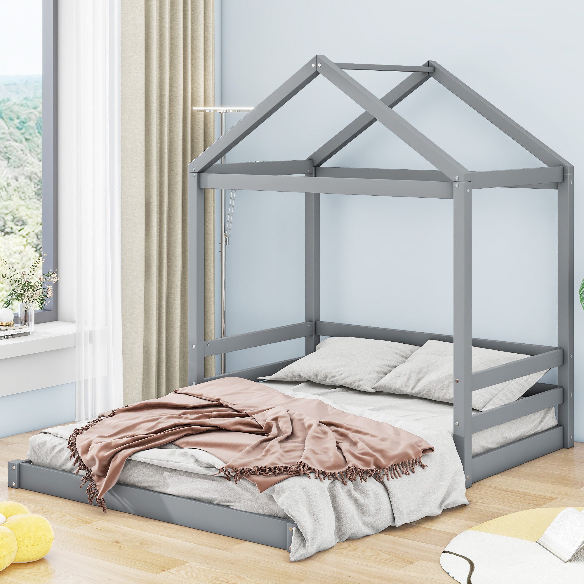 Wood Full Size House Bed with Guardrail, Grey - Atlantic Fine Furniture Melbourne FL