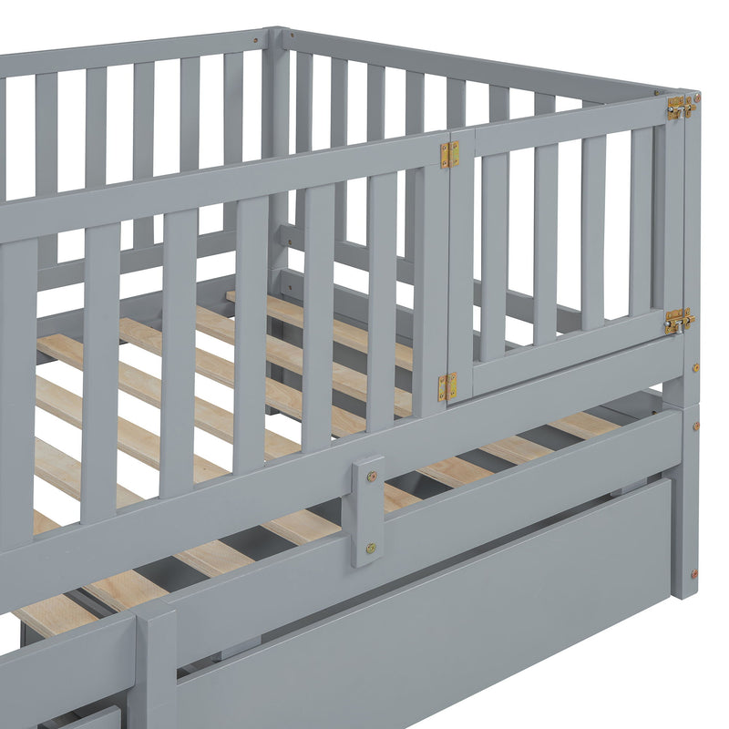 Daybed With Fence Guardrails And 2 Drawers, Split Into Independent Floor Bed & Daybed