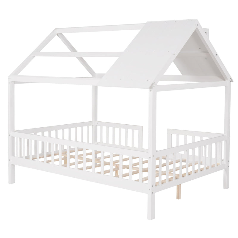 Full Size Wood House Bed With Fence - White