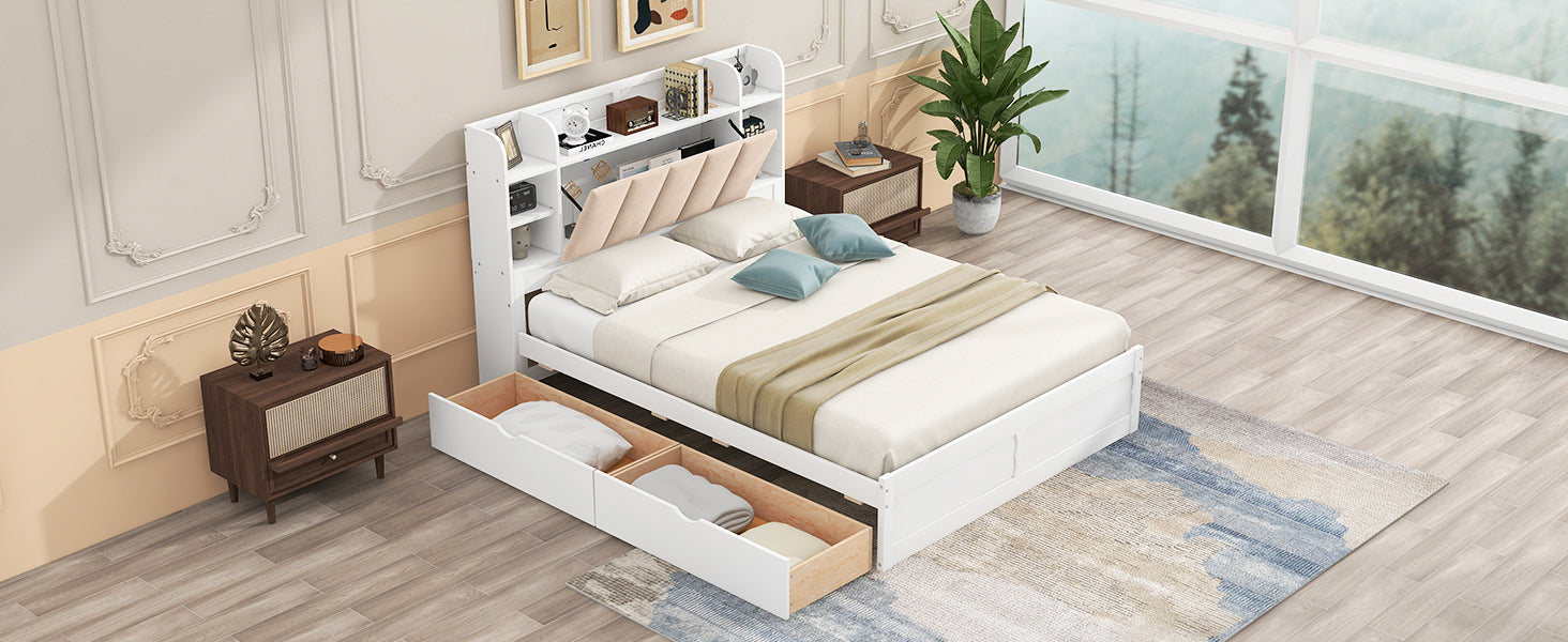 Wood Queen Size Platform Bed with Storage Headboard, Shelves and 2 Drawers, White - Atlantic Fine Furniture Melbourne FL