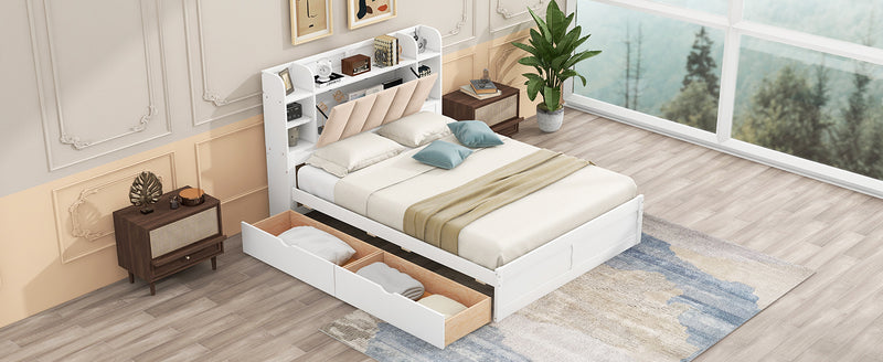 Wood Queen Size Platform Bed with Storage Headboard, Shelves and 2 Drawers, White