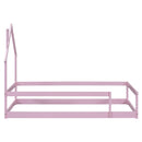Twin Size Wood bed with House-shaped Headboard Floor bed with Fences,Pink