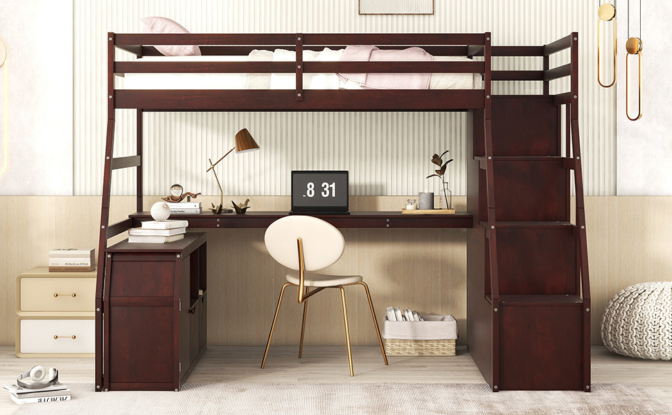 Twin Size Loft Bed with 7 Drawers 2 Shelves and Desk - Espresso - Atlantic Fine Furniture Melbourne FL