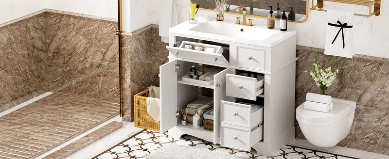 Bathroom Vanity With Resin Sink Combo, Frame Bathroom Storage Cabinet, Freestanding Vanity Set With 3 Drawers & Adjustable Shelf - White