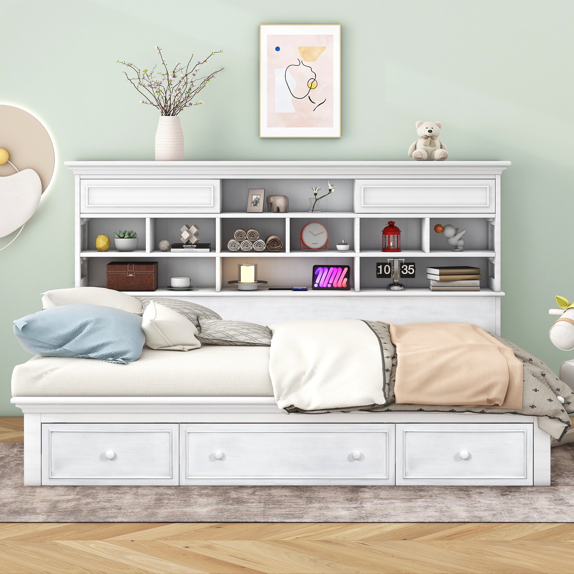 Twin Size Wood Daybed with Multi-Storage Shelves, Charging Station and 3 Drawers, Antique White - Atlantic Fine Furniture Melbourne FL