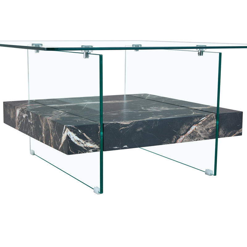 Modern 2 Tier Square Coffee Table, Elegant Marble Pattern
