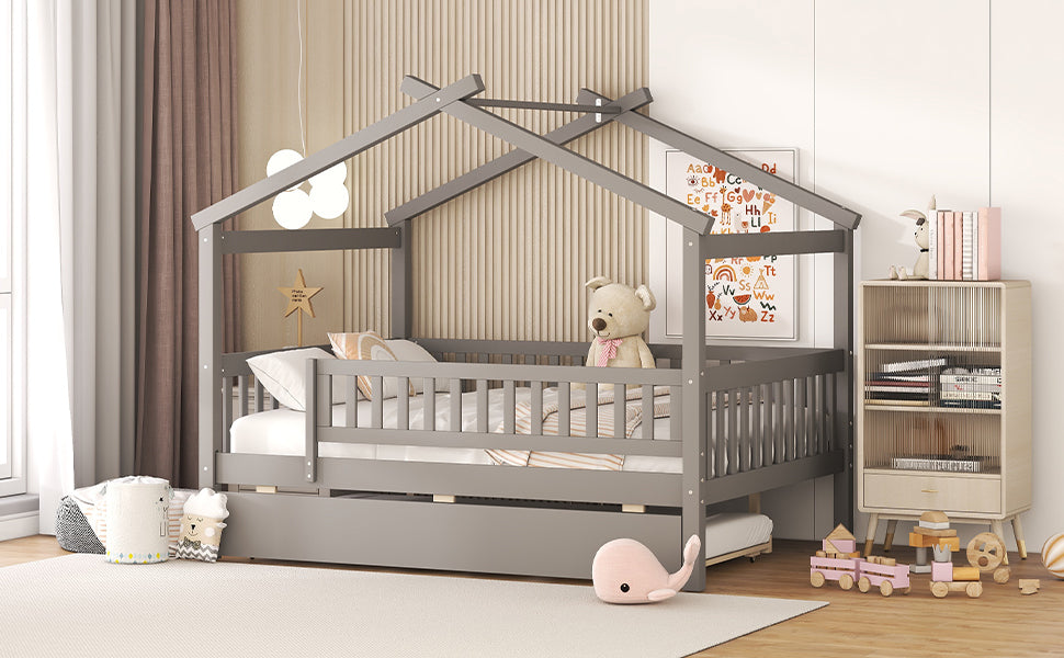 Full Size Wooden House Bed with Twin Size Trundle, Gray - Atlantic Fine Furniture Melbourne FL