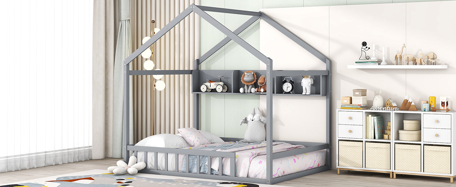Wooden Full Size House Bed with Storage Shelf,Kids Bed with Fence and Roof, Gray - Atlantic Fine Furniture Melbourne FL