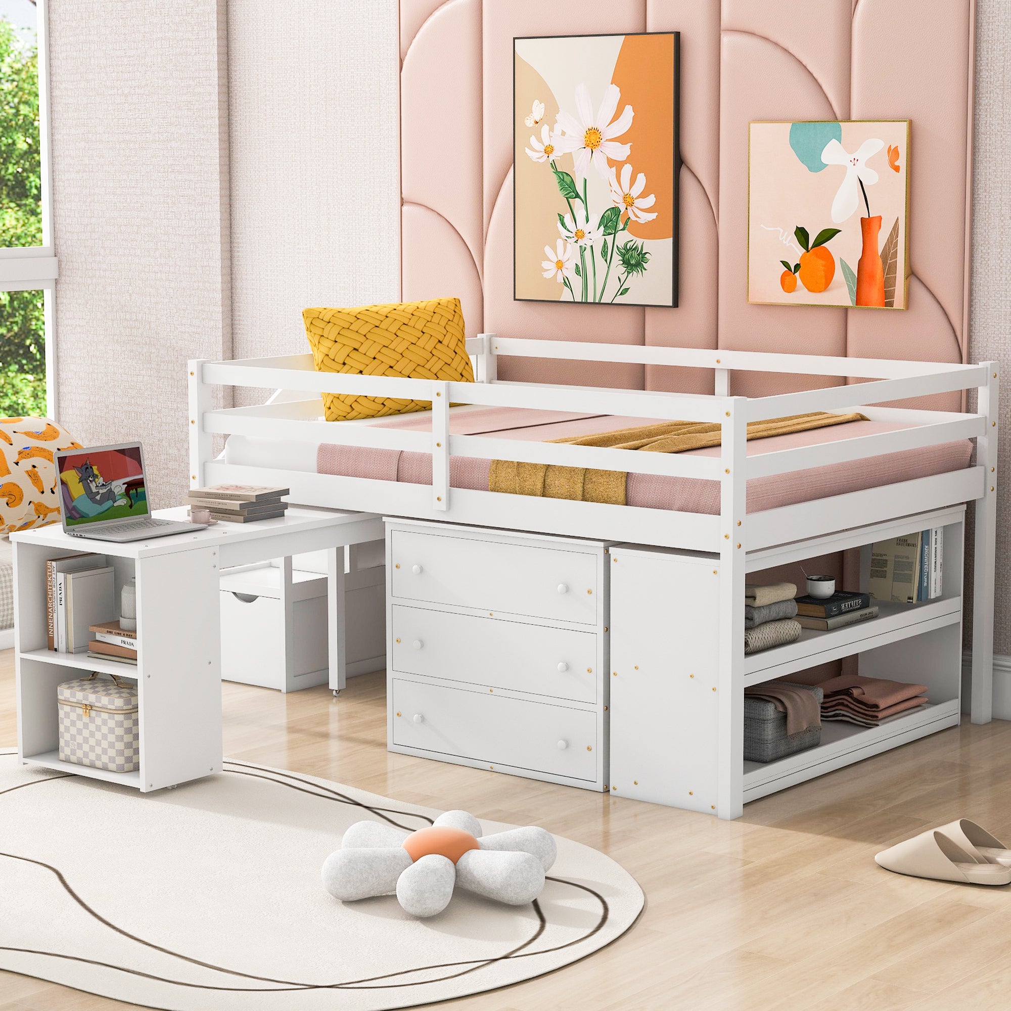 Full Size Loft Bed with Retractable Writing Desk and 3 Drawers, Wooden Loft Bed with Storage Stairs and Shelves, White - Atlantic Fine Furniture Melbourne FL
