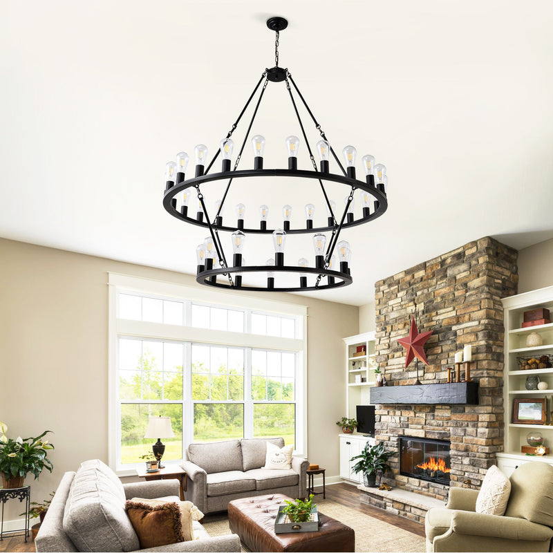 Extra Large Wagon Wheel Chandelier, 2 Tier 36 Lights (No Include) Farmhouse Industrial Round High Ceiling Pendant Light Adjustable Chain, For Dining Room, Living Room, Kitchen - Black