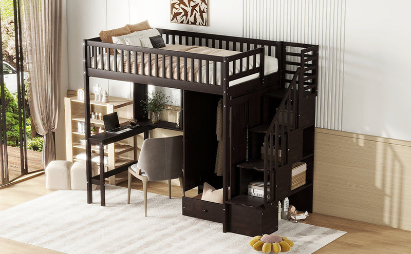 Twin size Loft Bed with Bookshelf,Drawers,Desk,and Wardrobe-Espresso