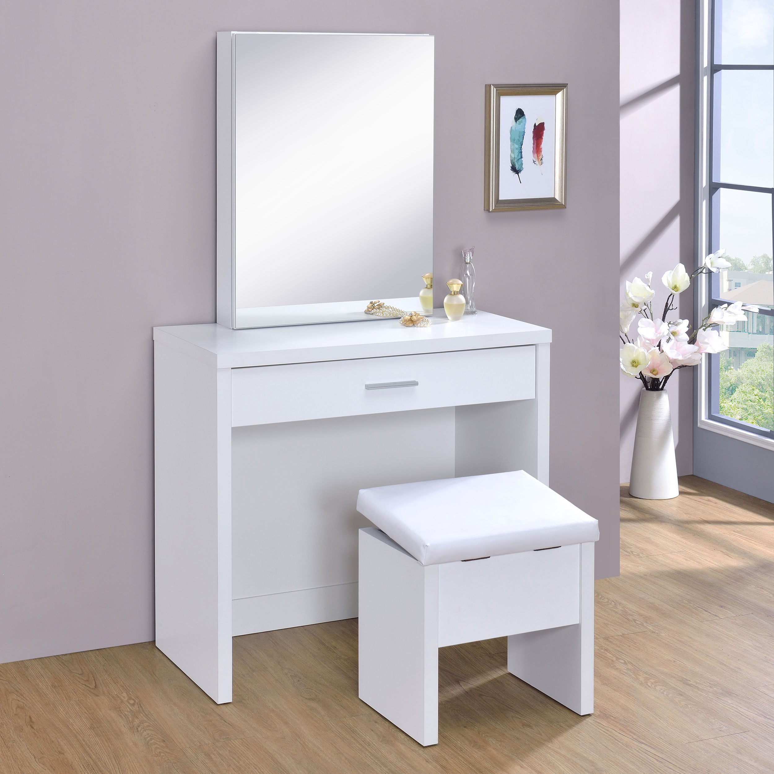 Harvey Vanity Set with Lift-Top Stool White — view 2