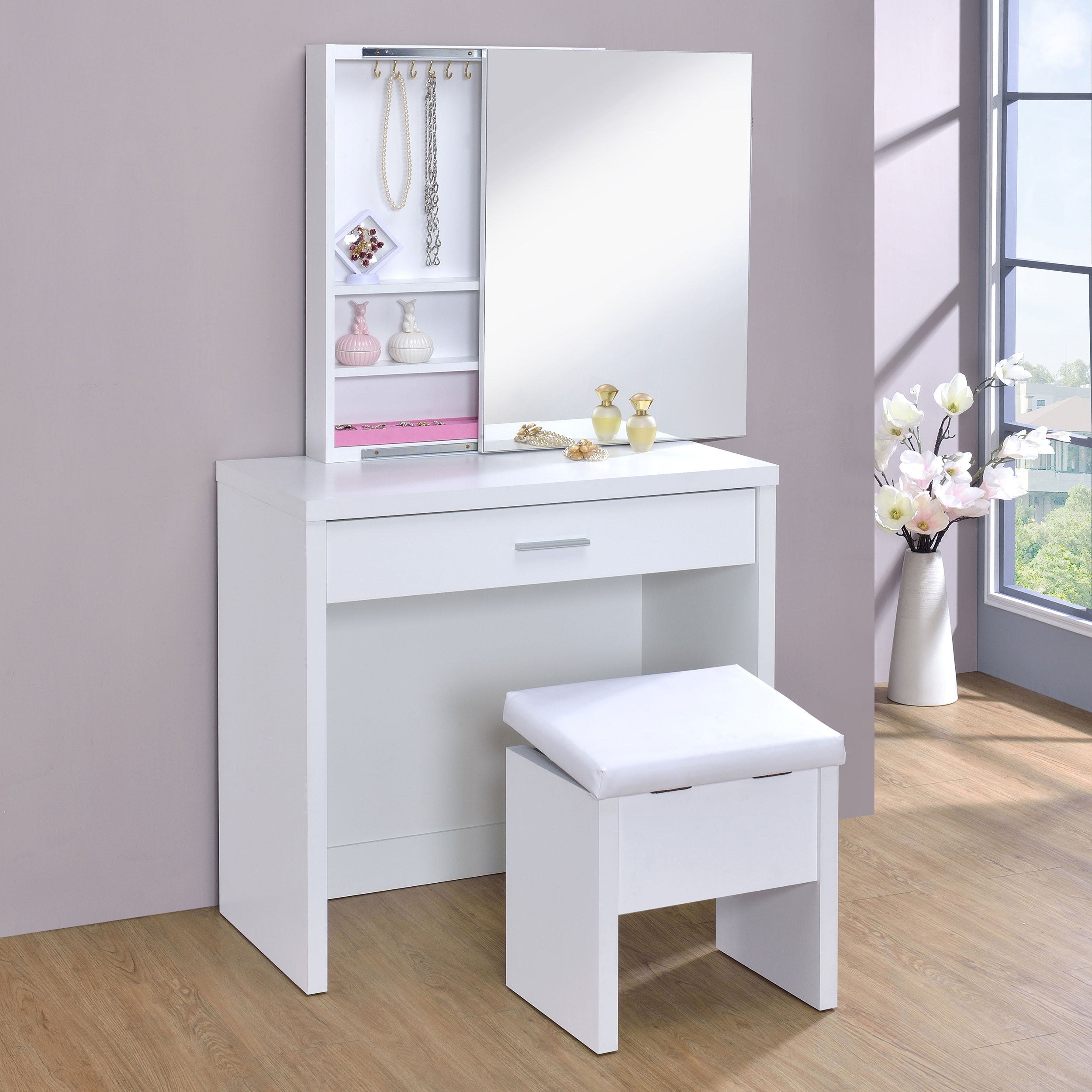 Harvey Vanity Set with Lift-Top Stool White — view 3