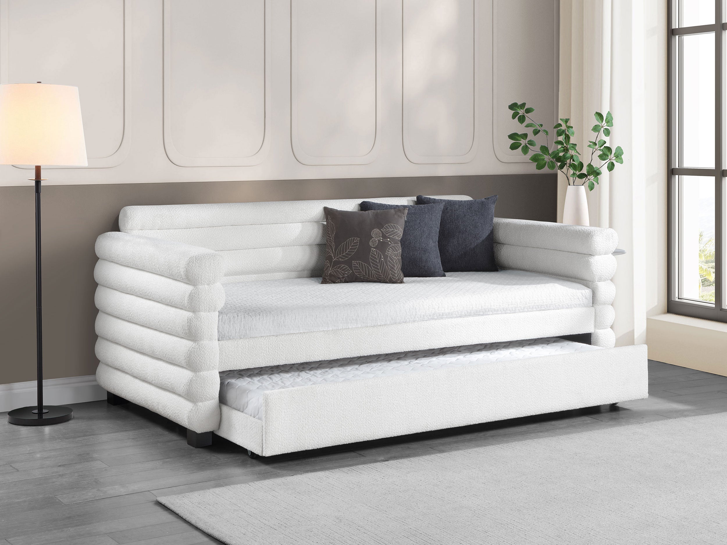 Patricia Boucle Upholstered Twin Day Bed with Trundle White — view 2