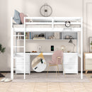 Full Size Loft Bed with Desk, Cabinets, Drawers and Bedside Tray, Charging Station, White