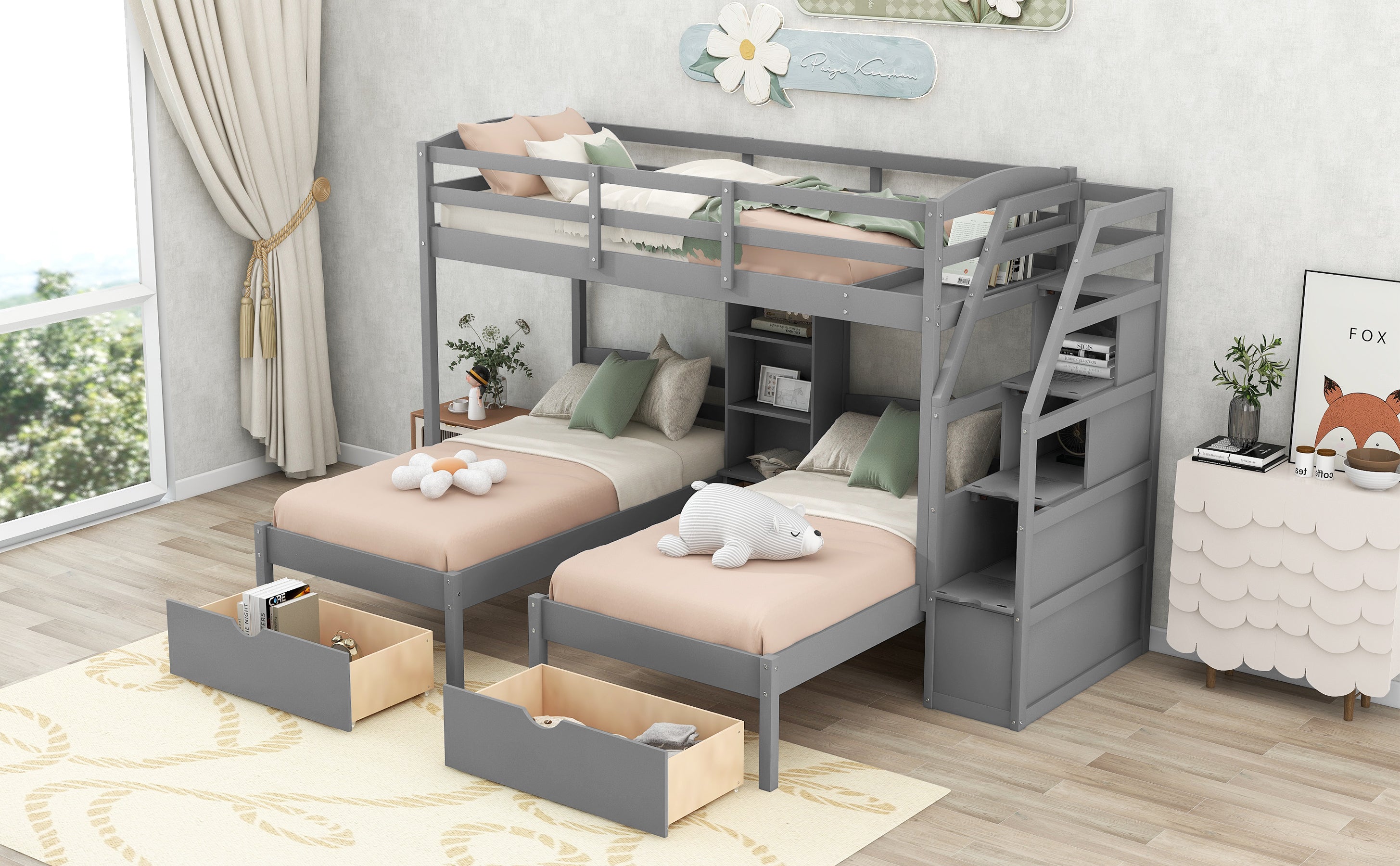 Twin over Twin&Twin Bunk Bed, Triple Bunk Bed with Drawers, Staircase with Storage, Built-in Shelves, Gray - Atlantic Fine Furniture Melbourne FL