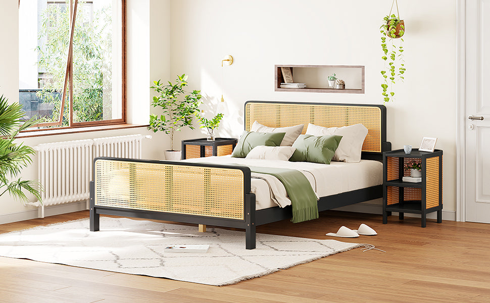 3 Pieces Rattan Platform Full Size Bed With 2 Nightstands,Espresso - Atlantic Fine Furniture Melbourne FL