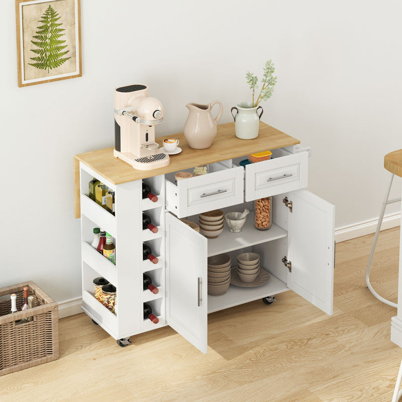 Kitchen Island Cart With 2 Door Cabinet, 2 Drawers, Spice Rack, Towel Holder, Wine Rack, And Foldable Top - White