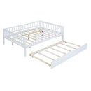 Full Size Wood Daybed with Trundle and Fence Guardrails, White