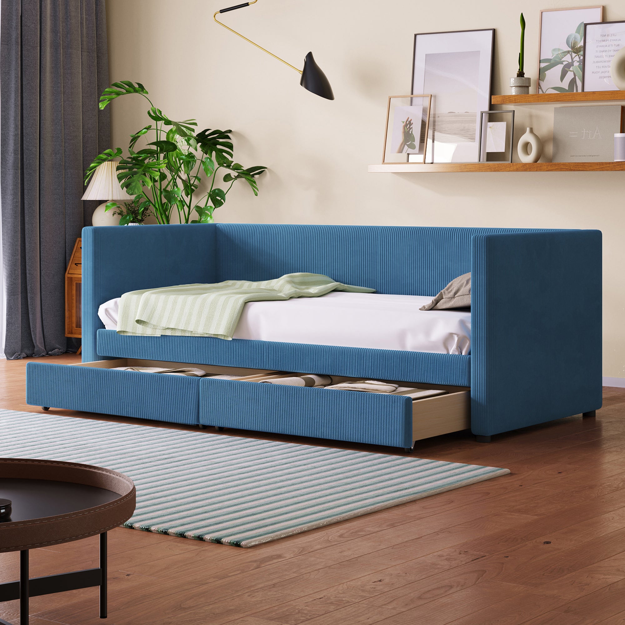 Twin Size Corduroy Daybed with Two Drawers and Wood Slat, Blue - Atlantic Fine Furniture Melbourne FL