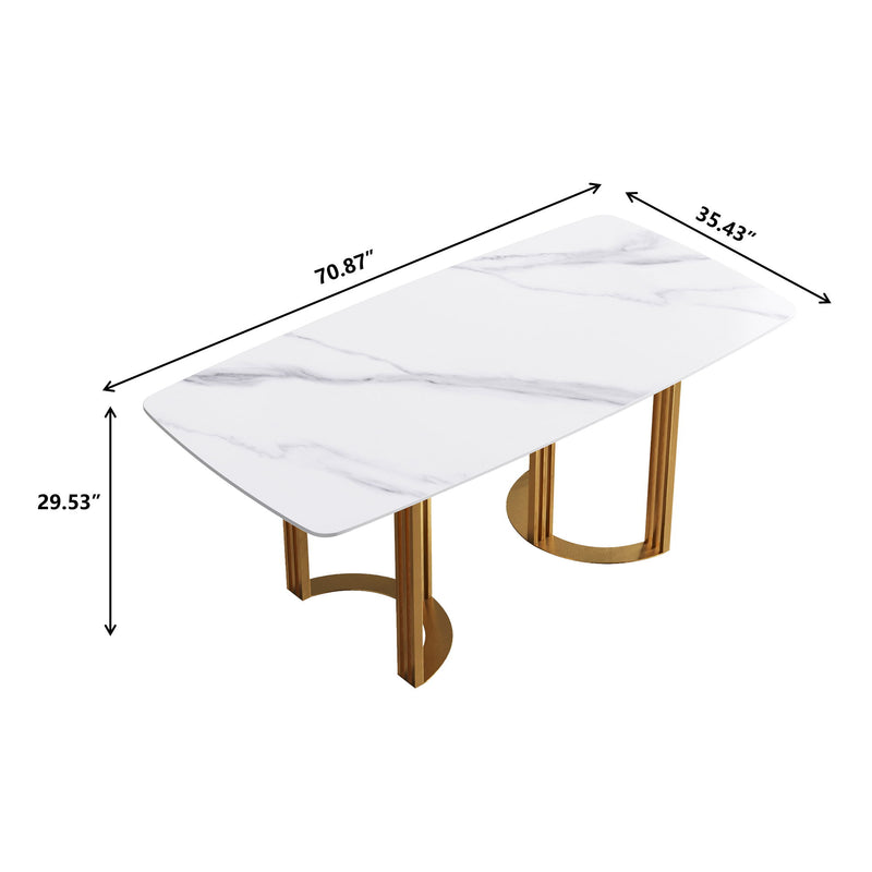 70.87" Modern Artificial Stone White Curved Golden Metal Leg Dining Table, Can Accommodate 6-8 People - White / Gold