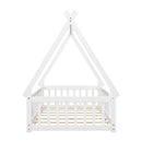 Twin Tent-shaped Floor Bed, Teepee Bed with Guardrails, Slats,White