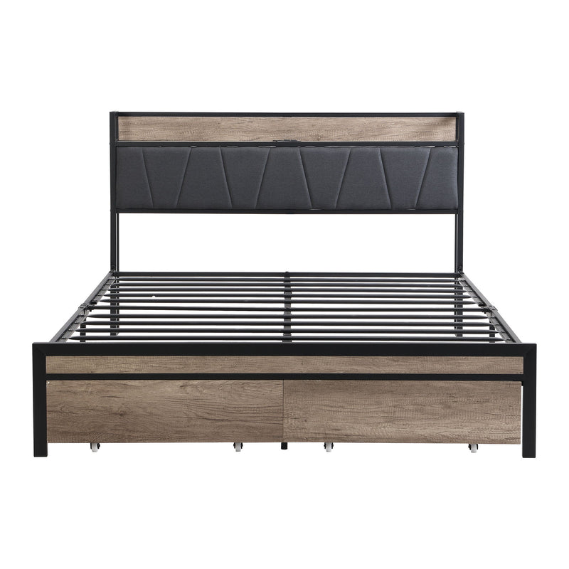 Modern Platform Bed Frame With Upholstered Storage Headboard, USB Ports