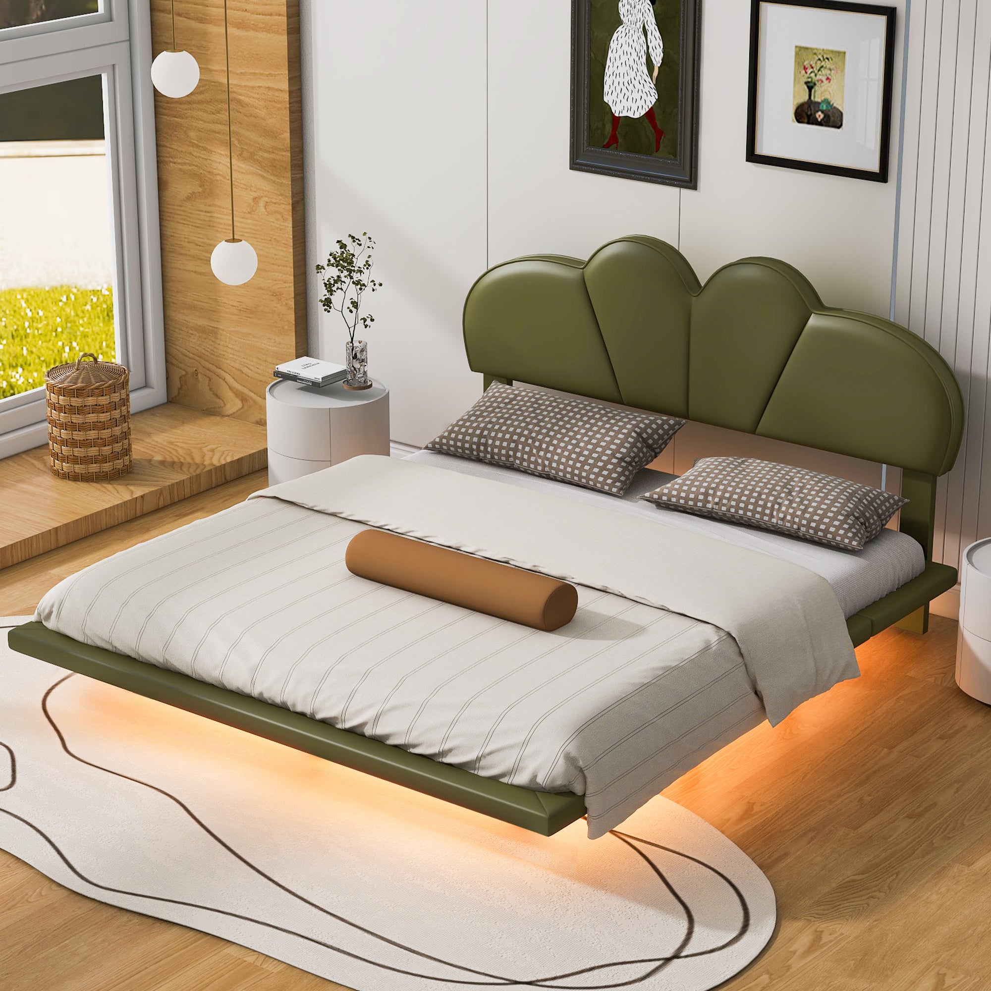 Full Size Upholstery LED Floating Bed with PU Leather Headboard and Support Legs,Green - Atlantic Fine Furniture Melbourne FL