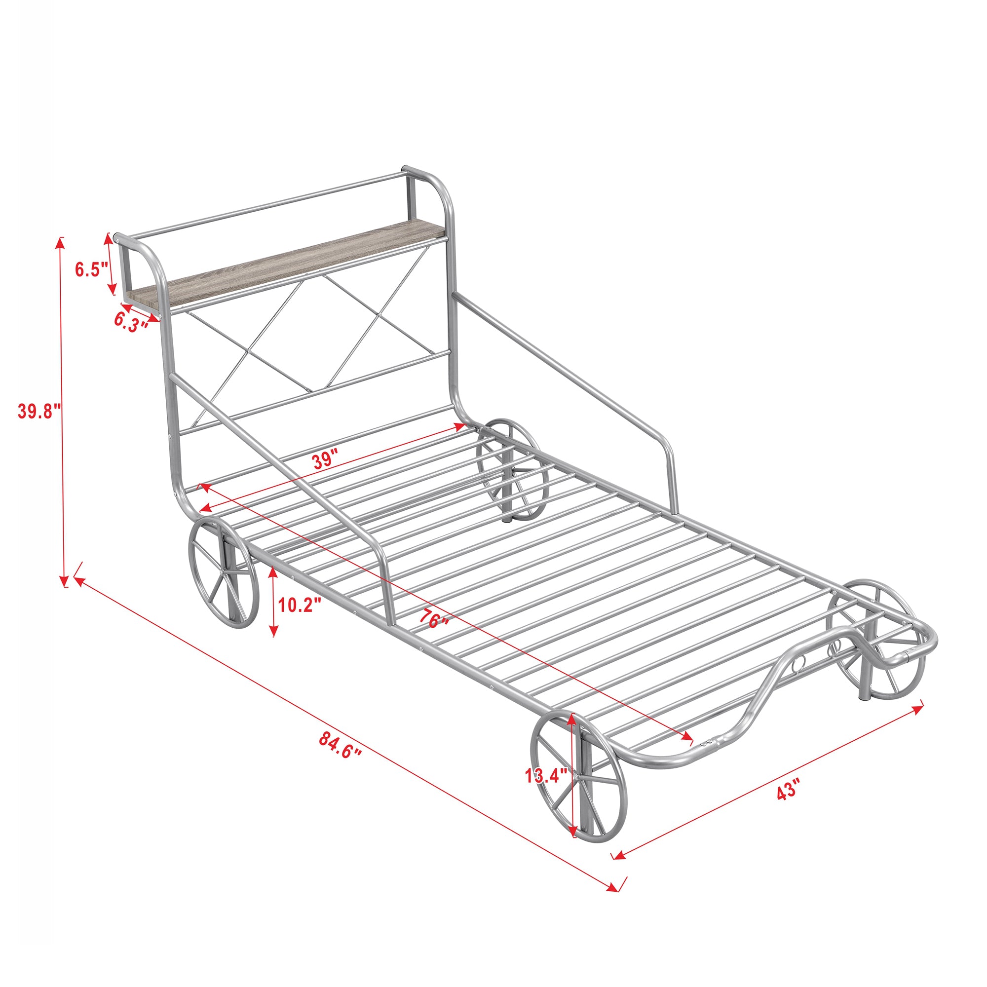 Twin Size Metal Car Bed with Four Wheels, Guardrails and  X-Shaped Frame Shelf, Silver(Old SKU: MF297599AAN) - Atlantic Fine Furniture Melbourne FL