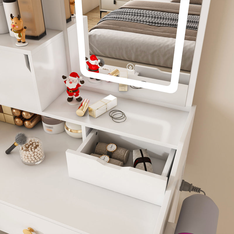3 Color LED Vanity Mirror With Stool, 2 Drawers & 5 Storage Cabinets, Adjustable Lighting - White