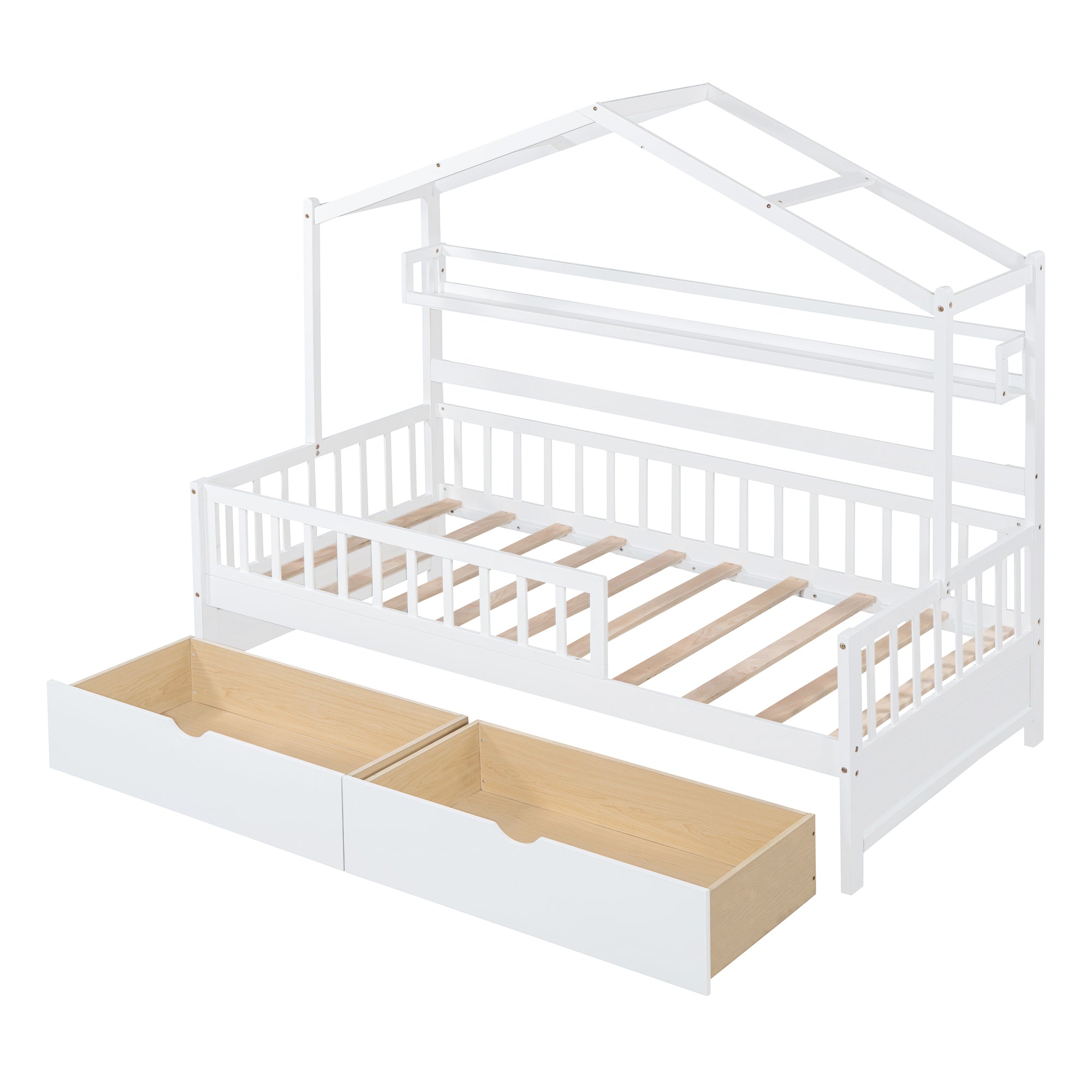 Wooden Twin Size House Bed with 2 Drawers,Kids Bed with Storage Shelf, White - Atlantic Fine Furniture Melbourne FL