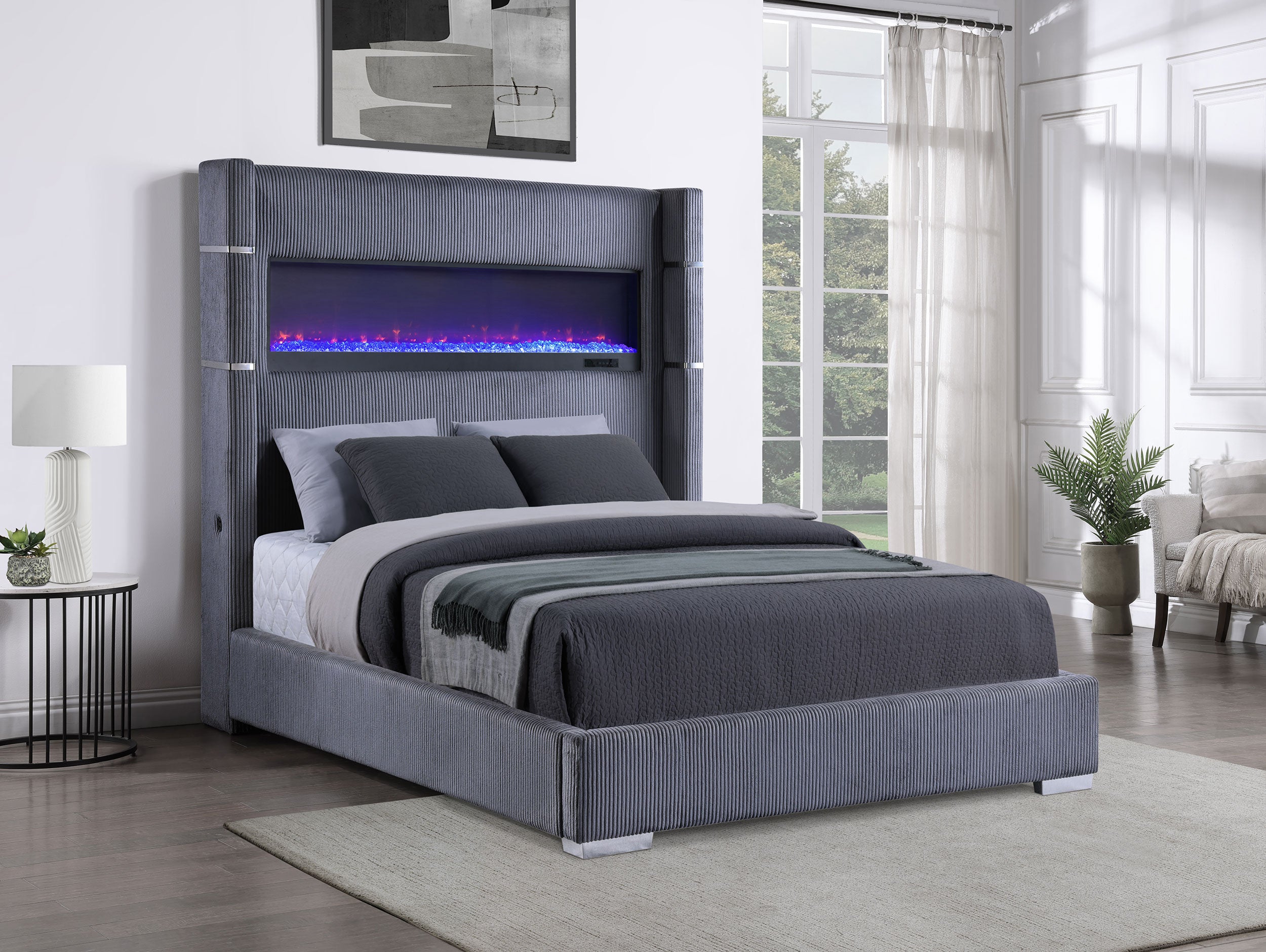 Tisdall Upholstered Queen Flame Visualizer Bed Grey — view 2