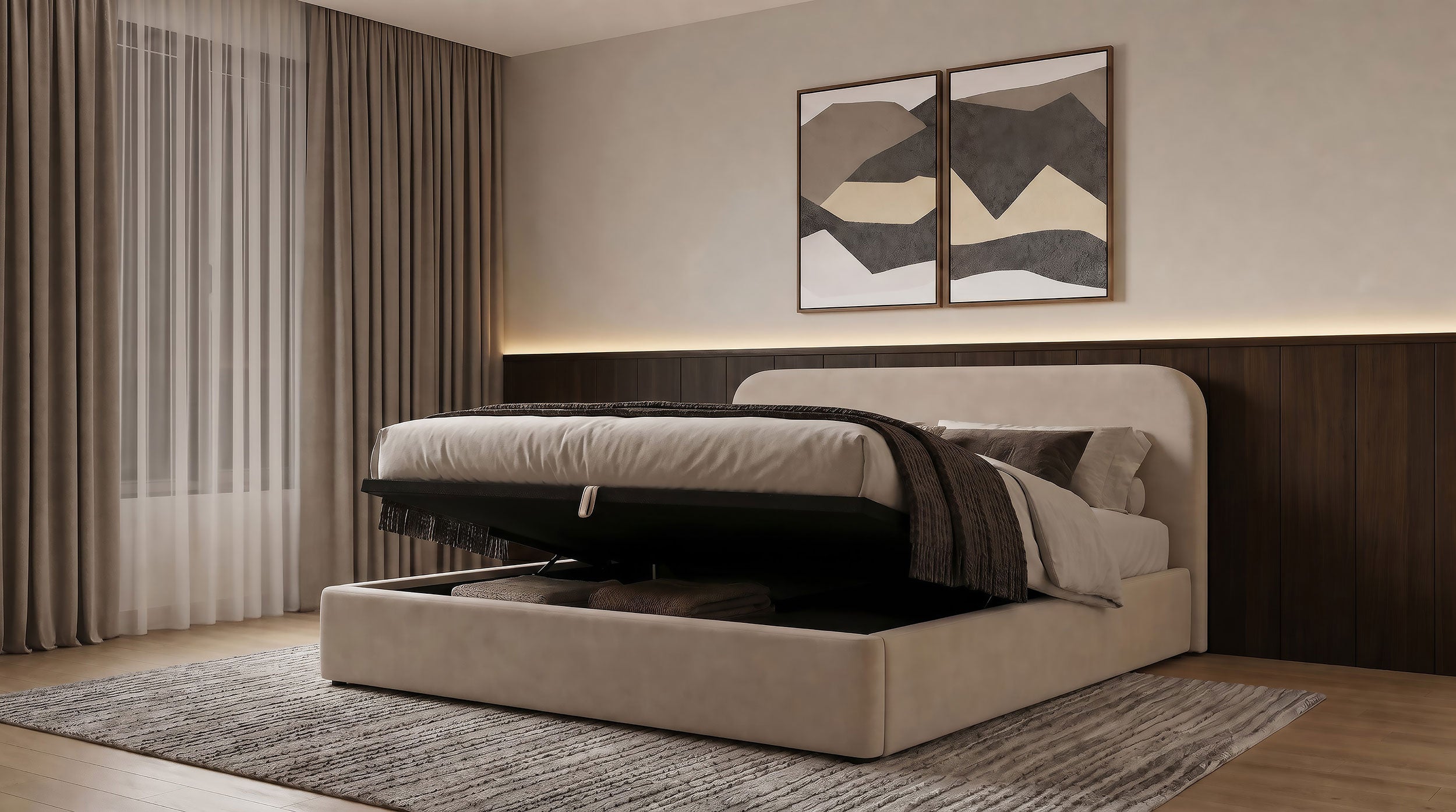 Anders Upholstered Eastern King Storage Lift Platform Bed Beige — view 9