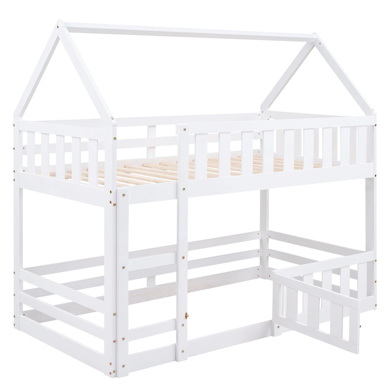 Twin Over Twin House Bunk Bed With Fence And Door - Gray