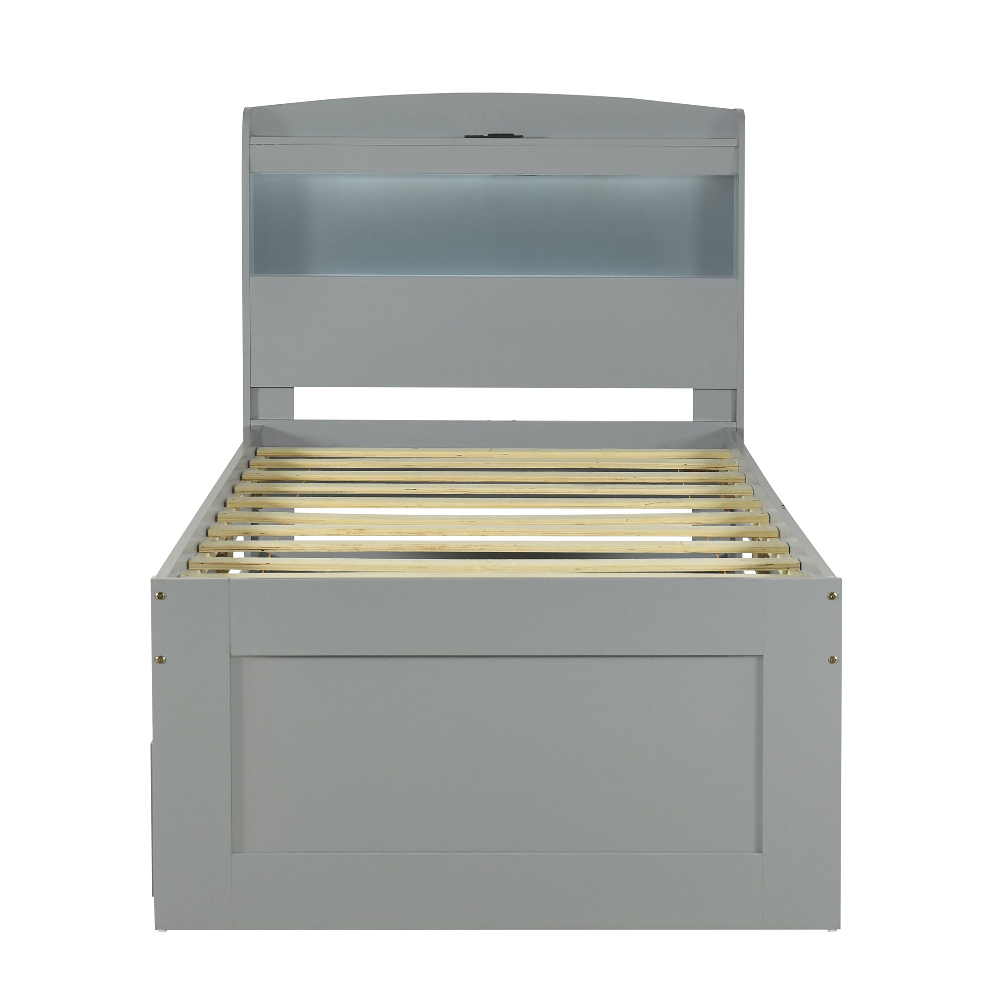 Twin XL Size Platform Bed with Storage LED Headboard, Charging Station, Twin Size Trundle and 2 Drawers, Gray - Atlantic Fine Furniture Melbourne FL