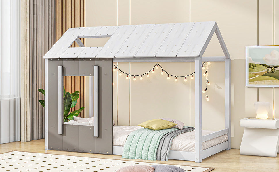 Twin Size House Platform with Roof and Window, White+Antique Grey(Old SKU: WF294130AAE) - Atlantic Fine Furniture Melbourne FL