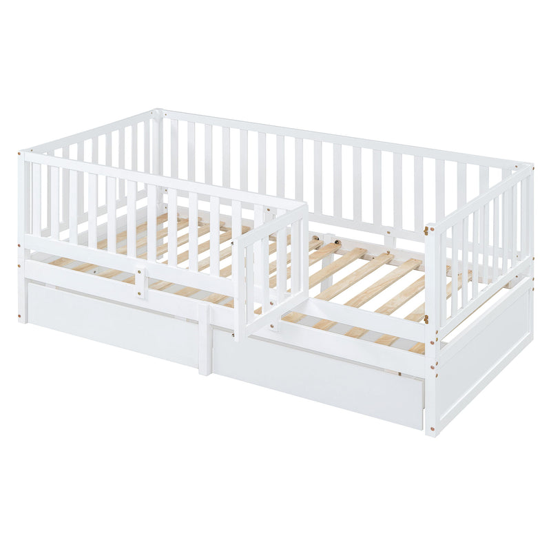 Daybed With Fence Guardrails And 2 Drawers, Split Into Independent Floor Bed & Daybed