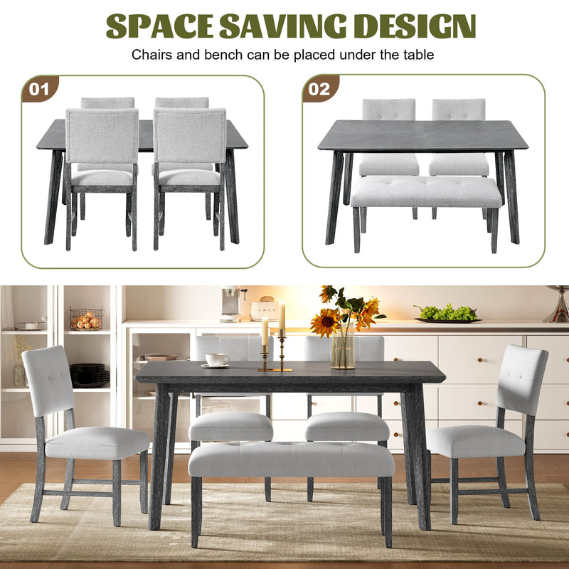 Rustic Farmhouse Dining Room Rectangular Table With 4 Upholstered Chairs And Bench