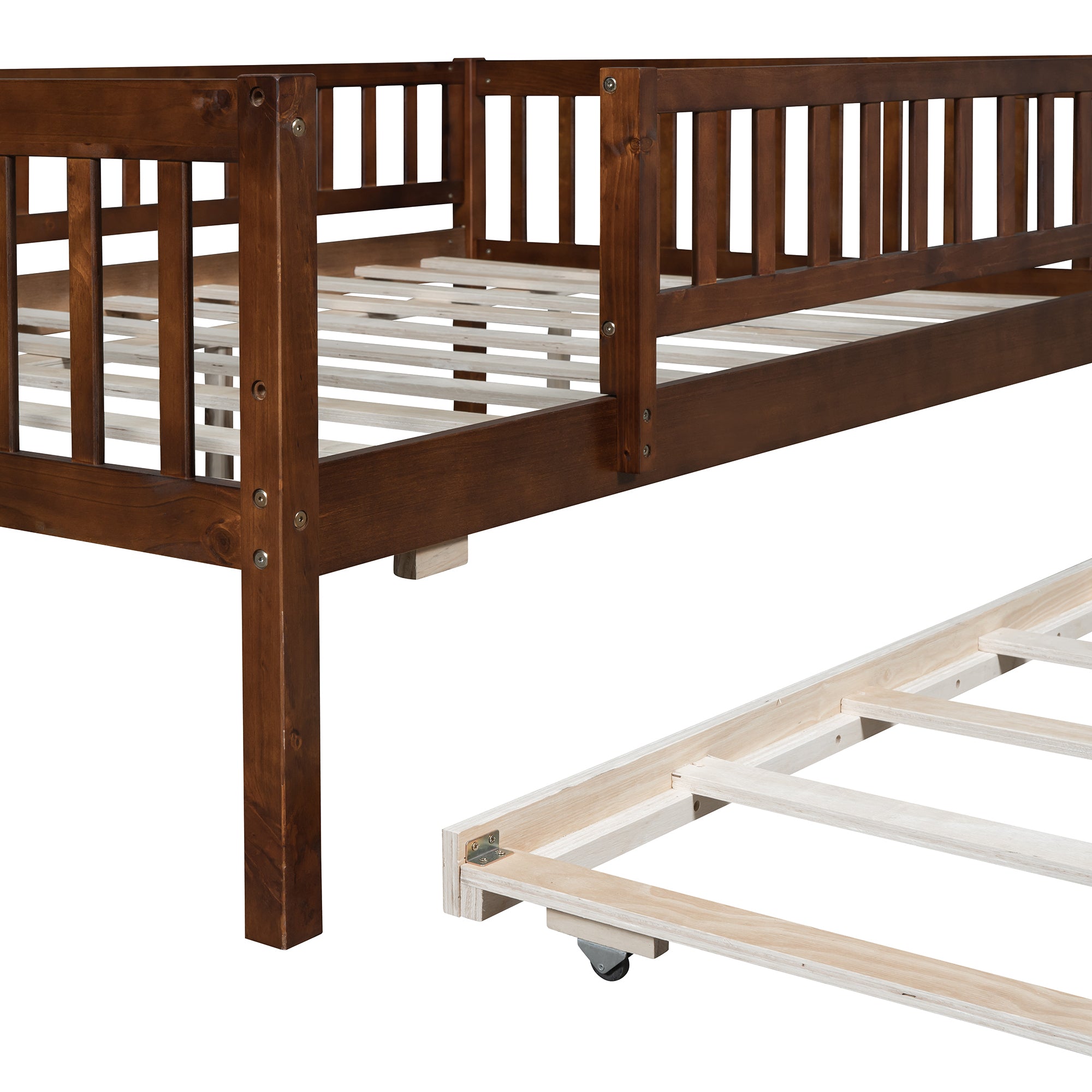 Full Size Wood Daybed with Trundle and Fence Guardrails, Walnut - Atlantic Fine Furniture Melbourne FL