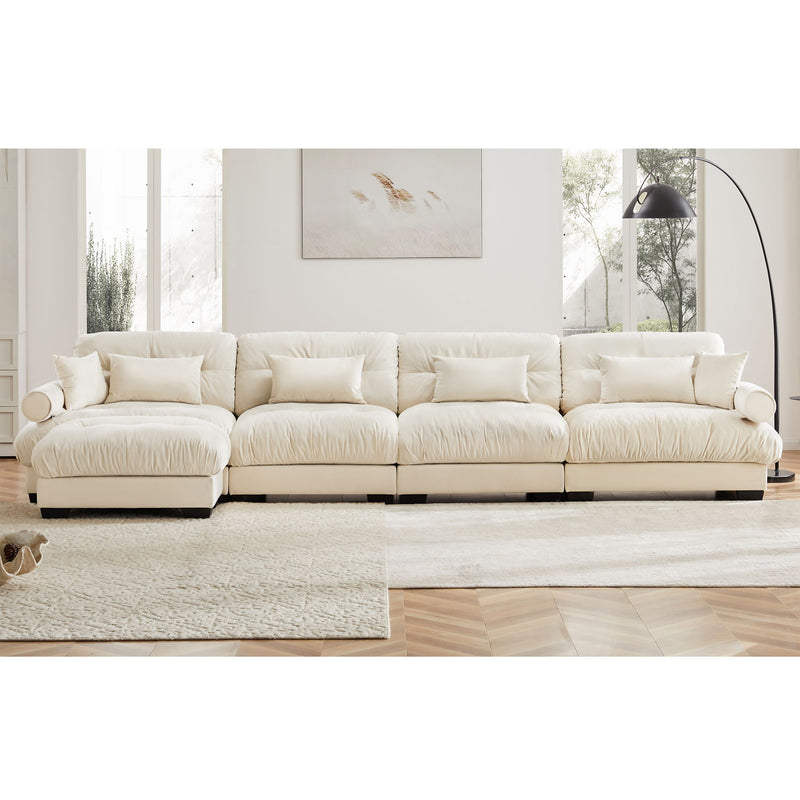 Modern Sectional Sofa With Ottoman, Round Bolster Armrests, Waist And Throw Pillows