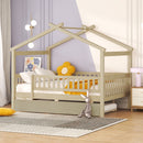 Full Size Wooden House Bed with Twin Size Trundle, Natural