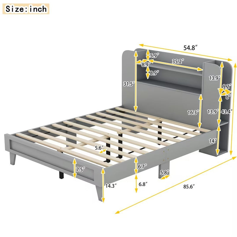 Full Size Platform Bed with Storage Headboard,Multiple Storage Shelves on Both Sides,Grey
