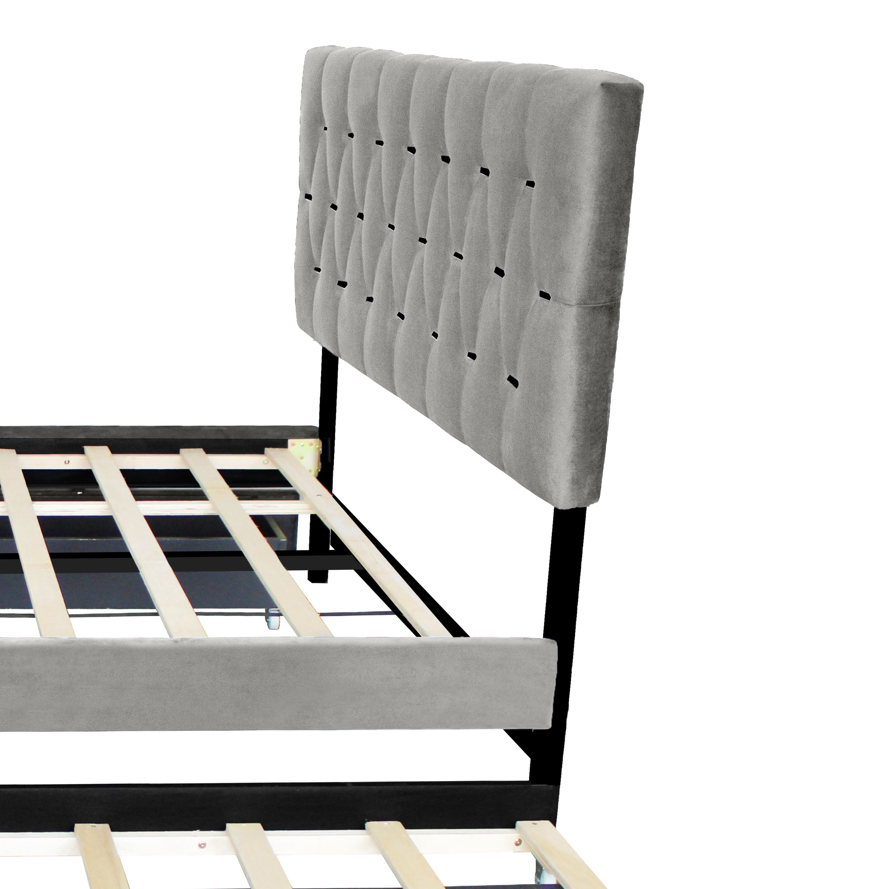 GRAY QUEEN SIZE TRUNDLE PULL OUT DRAWERS STORAGE UPHOLSTERED BED MODERN  DESIGN NO BOX SPRING REQUIRED