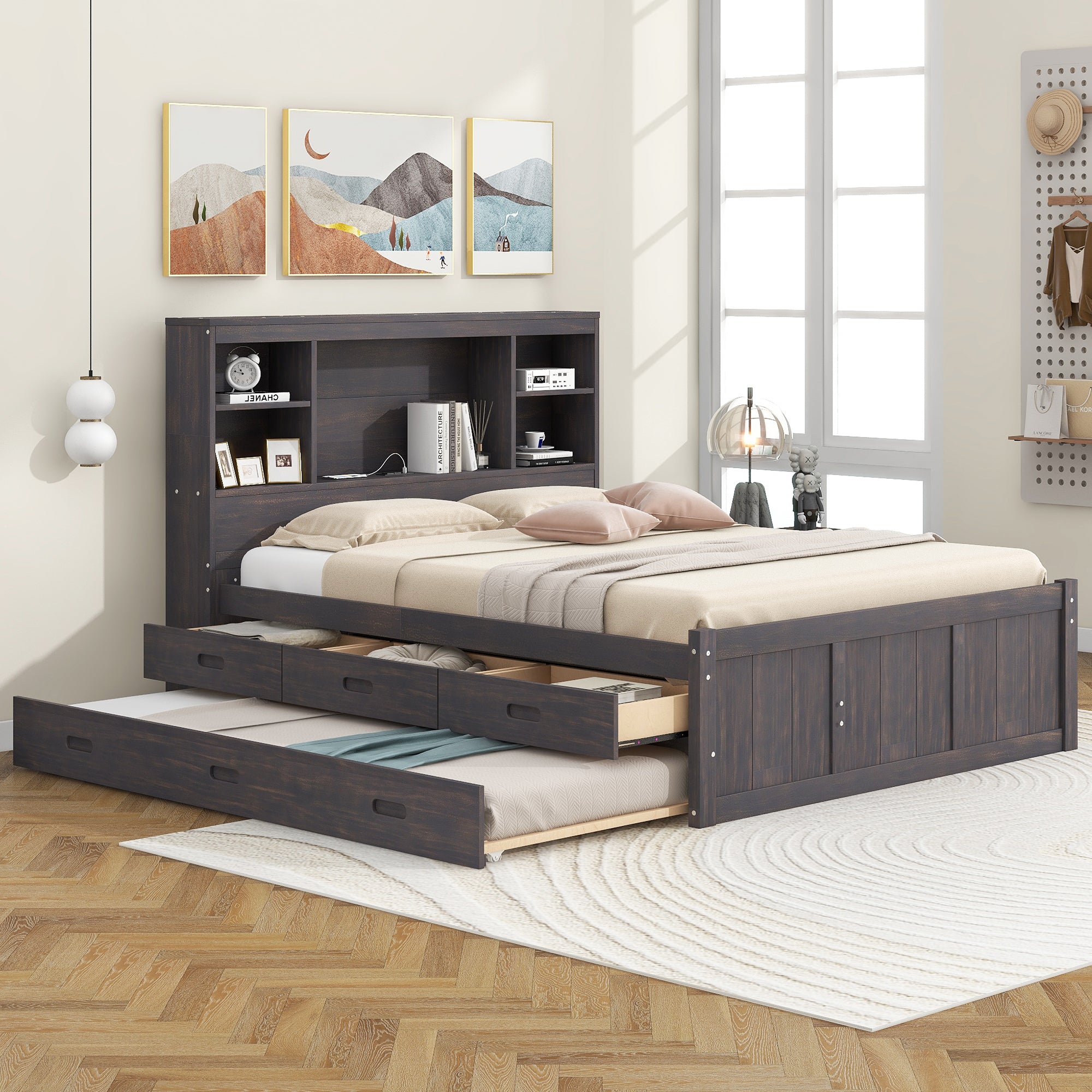 Full Size Platform Bed with Storage Headboard, Charging Station, Twin Size Trundle and 3 Drawers, Antique Brown